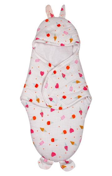 mittenbooty Bunny Wrapper or Swaddle in Ultra Soft Icecream Print Muslin Fabric Multicolour