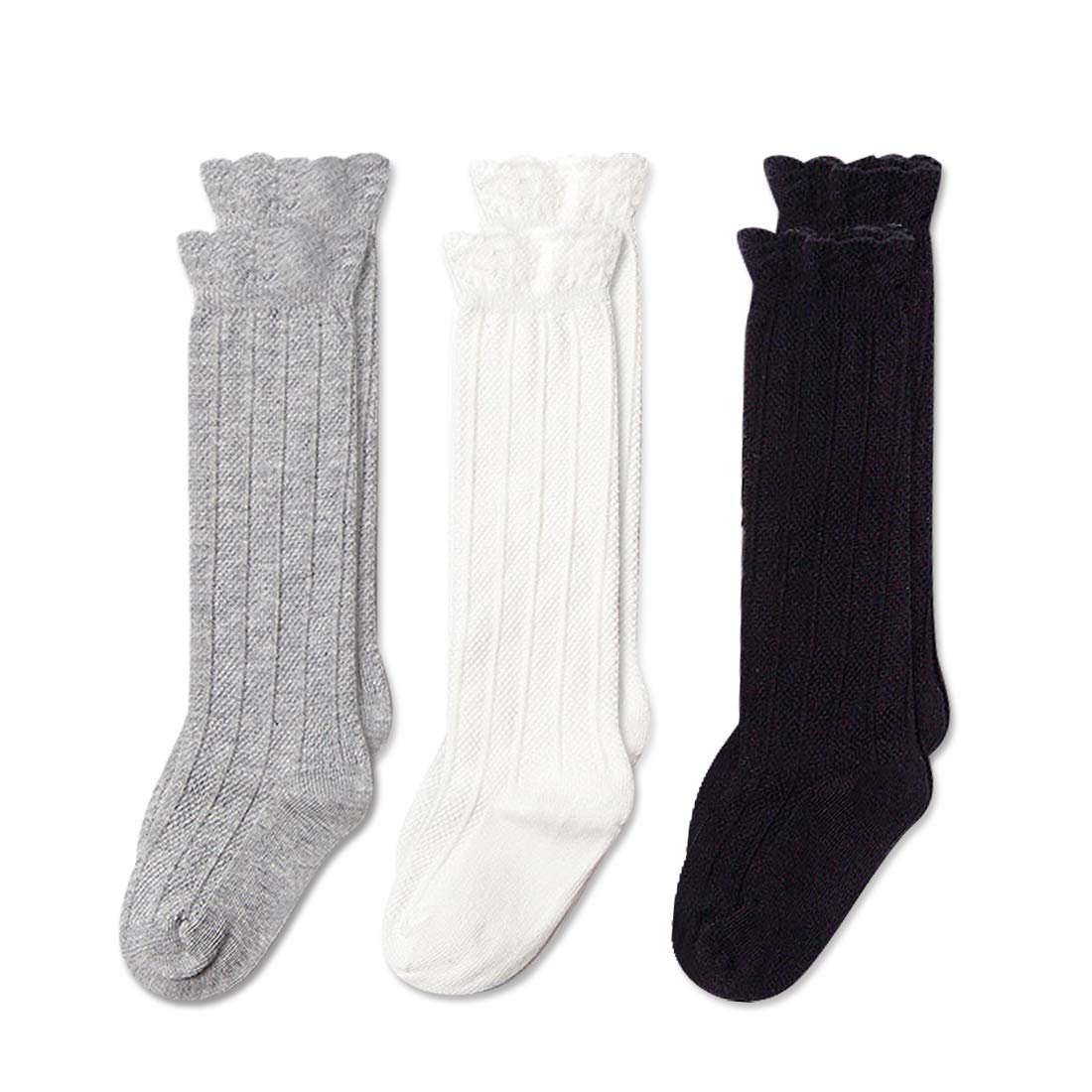 Epeius 3 Pair Pack Little Girls Uniform Knee High Socks Kids Boys Seamless Cotton Tube Ruffled Stockings For 3-5 Years,Black/Whi
