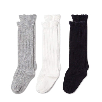 Epeius 3 Pair Pack Little Girls Uniform Knee High Socks Kids Boys Seamless Cotton Tube Ruffled Stockings For 3-5 Years,Black/Whi