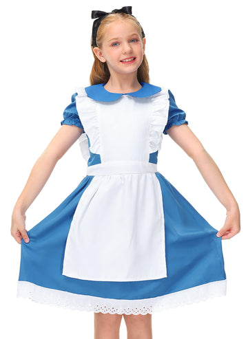 Besserbay Halloween Alice Cosplay With Black Headband Blue Peter Pan Collar Ruffle Dress With White Apron For Kid Girls 7-8 Year