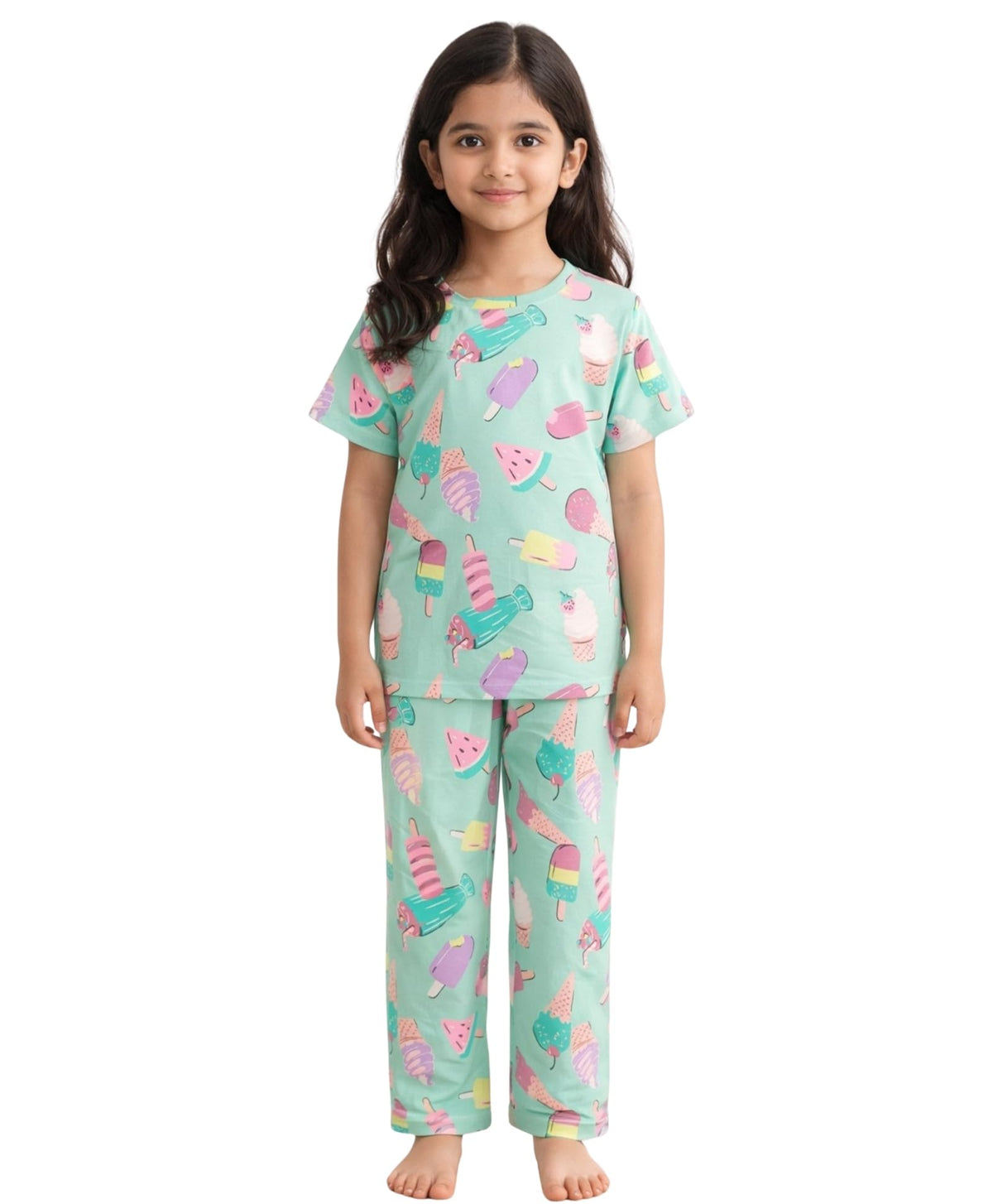 ANTHRILO Summer Pyjama Set for Girls | Pure Cotton| Casual Wear |Icecream Aqua Short Sleeves Pyjama Set  Aqua 1012 Years