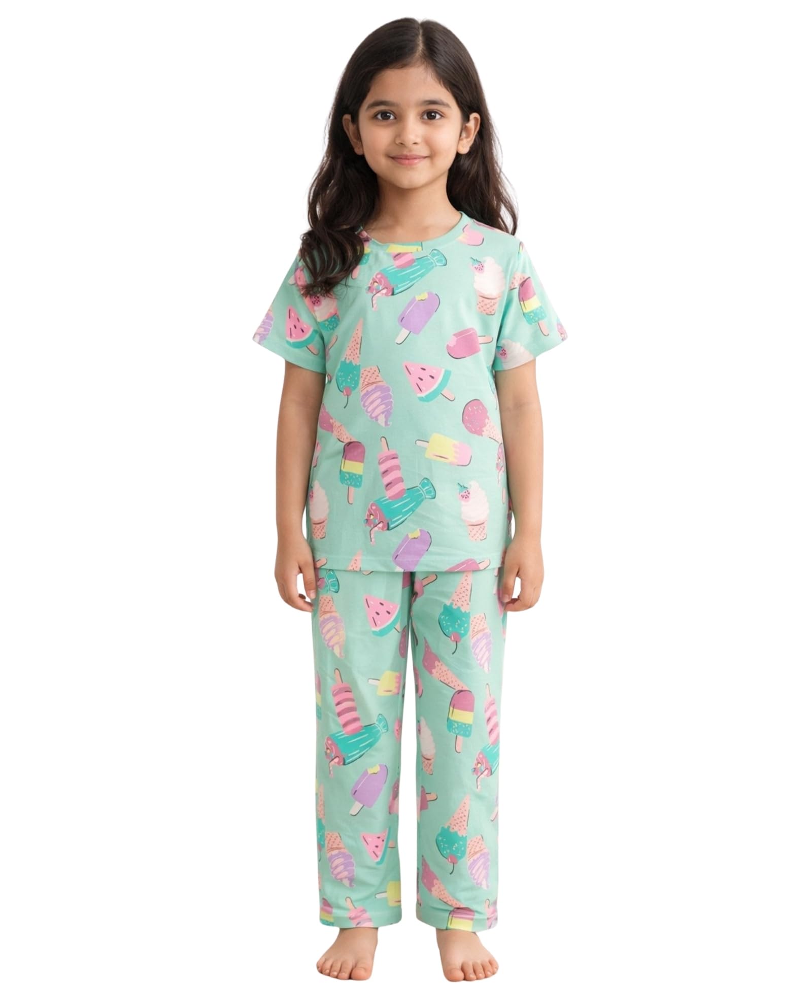 ANTHRILO Summer Pyjama Set for Girls | Pure Cotton| Casual Wear |Icecream Aqua Short Sleeves Pyjama Set  Aqua 1012 Years