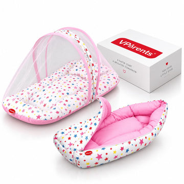 VParents Joy Pink Cotton Bedding Combo: Mosquito net Attached Bed & Travel Nest