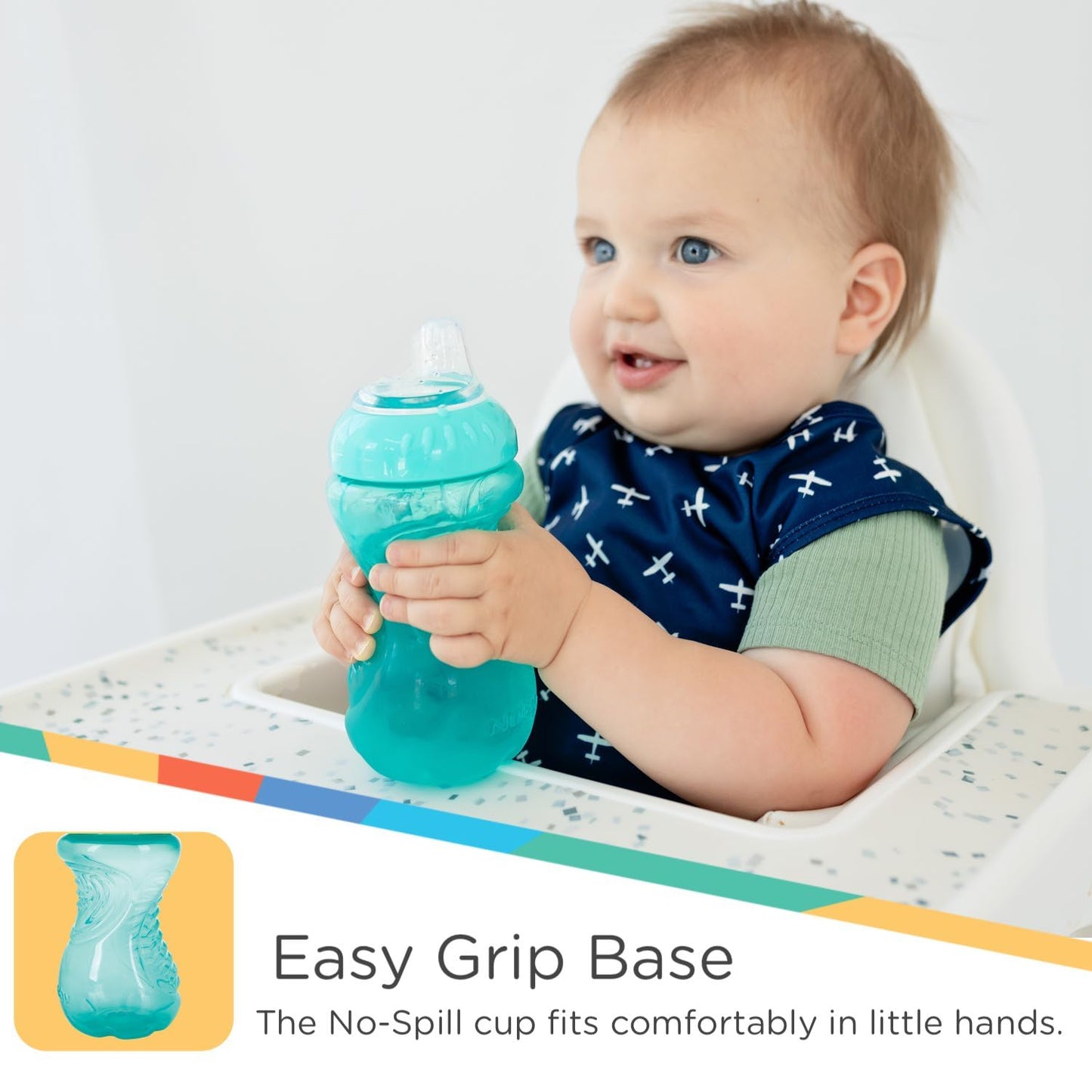 Nuby 3 Pack No Spill Toddler Sippy Cups - Toddler Cups Spill Proof With Easy And Firm Grip - Toddlers Cups - Aqua, Coral, Yellow