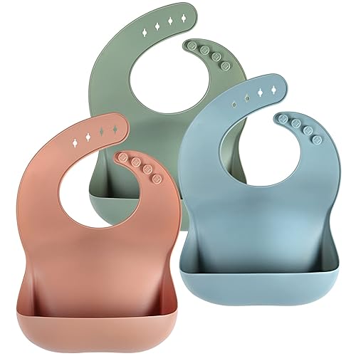 Eascrozn Silicone Baby Bibs For Babies & Toddlers Set Of 3, Bpa Free Unisex Soft Adjustable Fit Waterproof Feeding Bibs