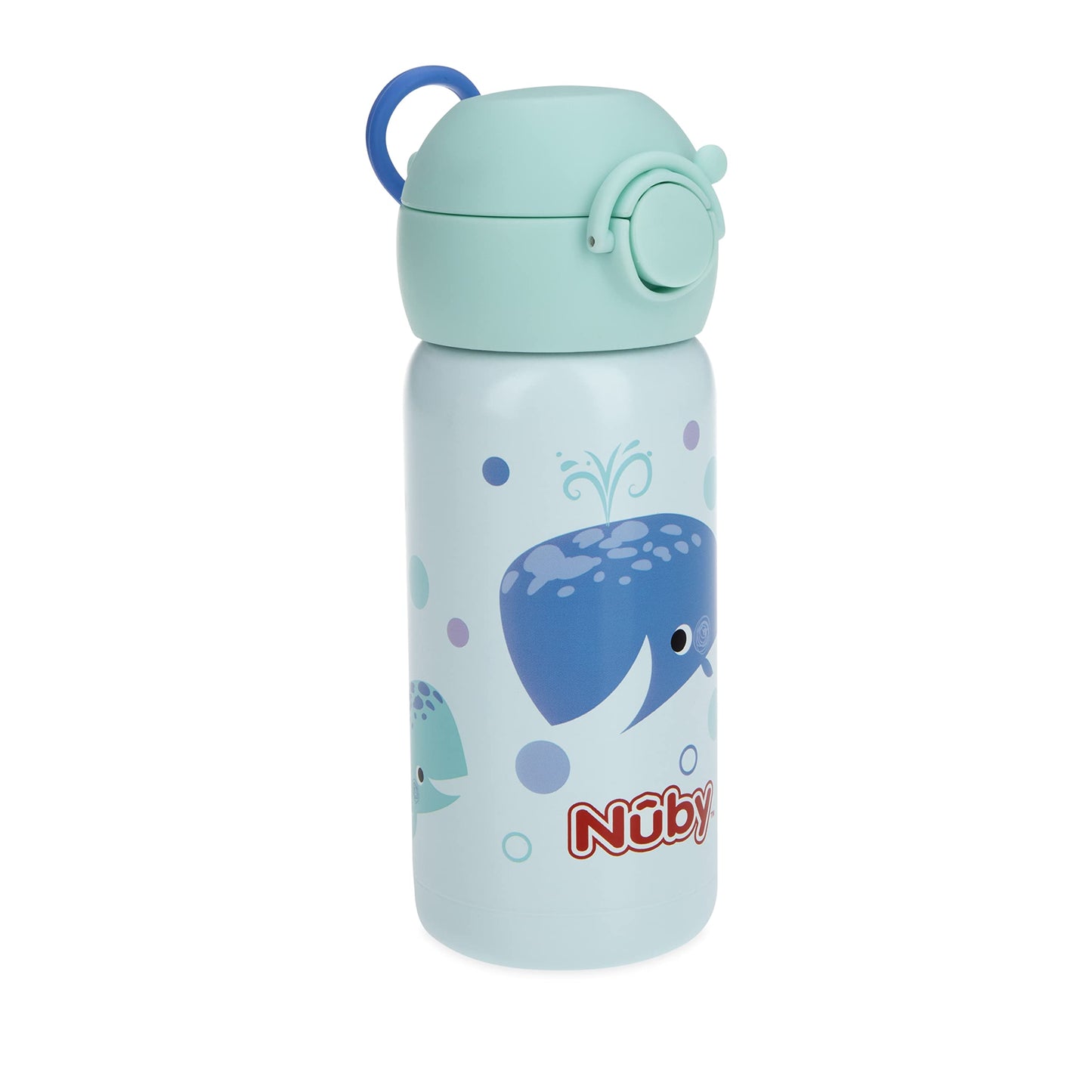 Nuby Thirsty Kids No Spill Flip-It Active Stainless Steel Travel Cup Or Water Bottle - 14 Oz - 18+ Months - Mint Whale
