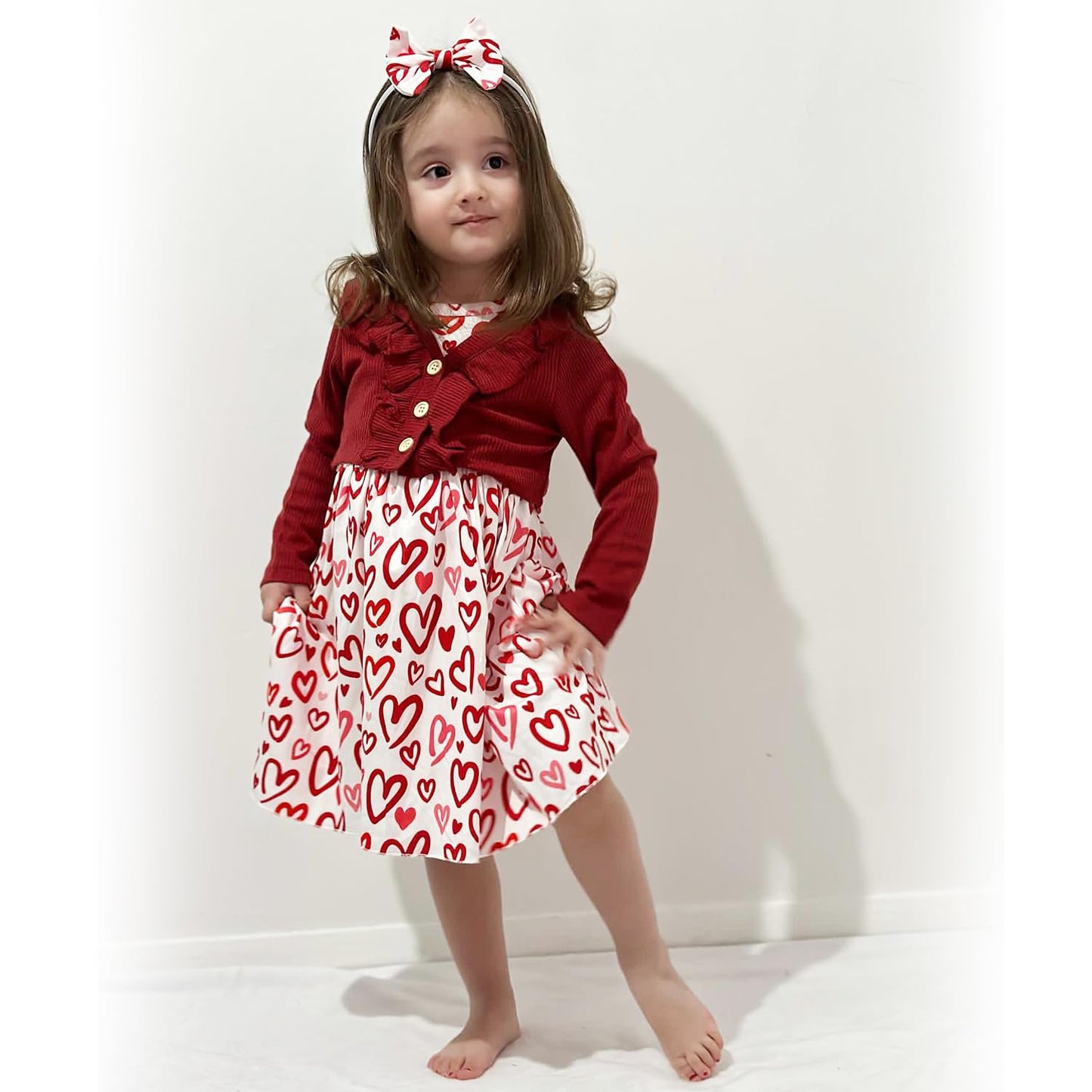 Hintina 3T Toddler Little Girls Valentines Day Dress Outfits Red Heart Sleeveless Sundress With Long Sleeve Waffle Cardigan Set