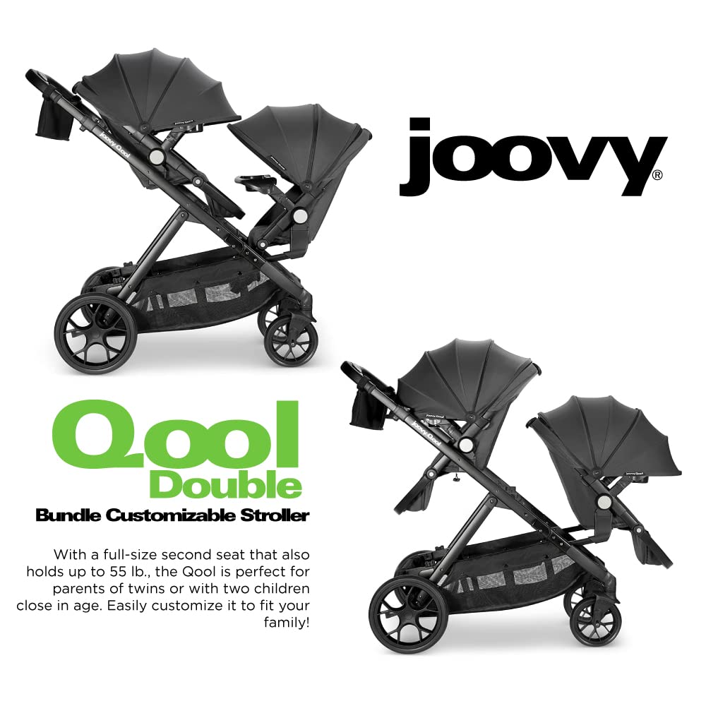 Joovy Qool Double Bundle Double Stroller With Reconfigurable Seats, Magnetic Safety Harness With Padding, Upf 50 Sun Canopy, And
