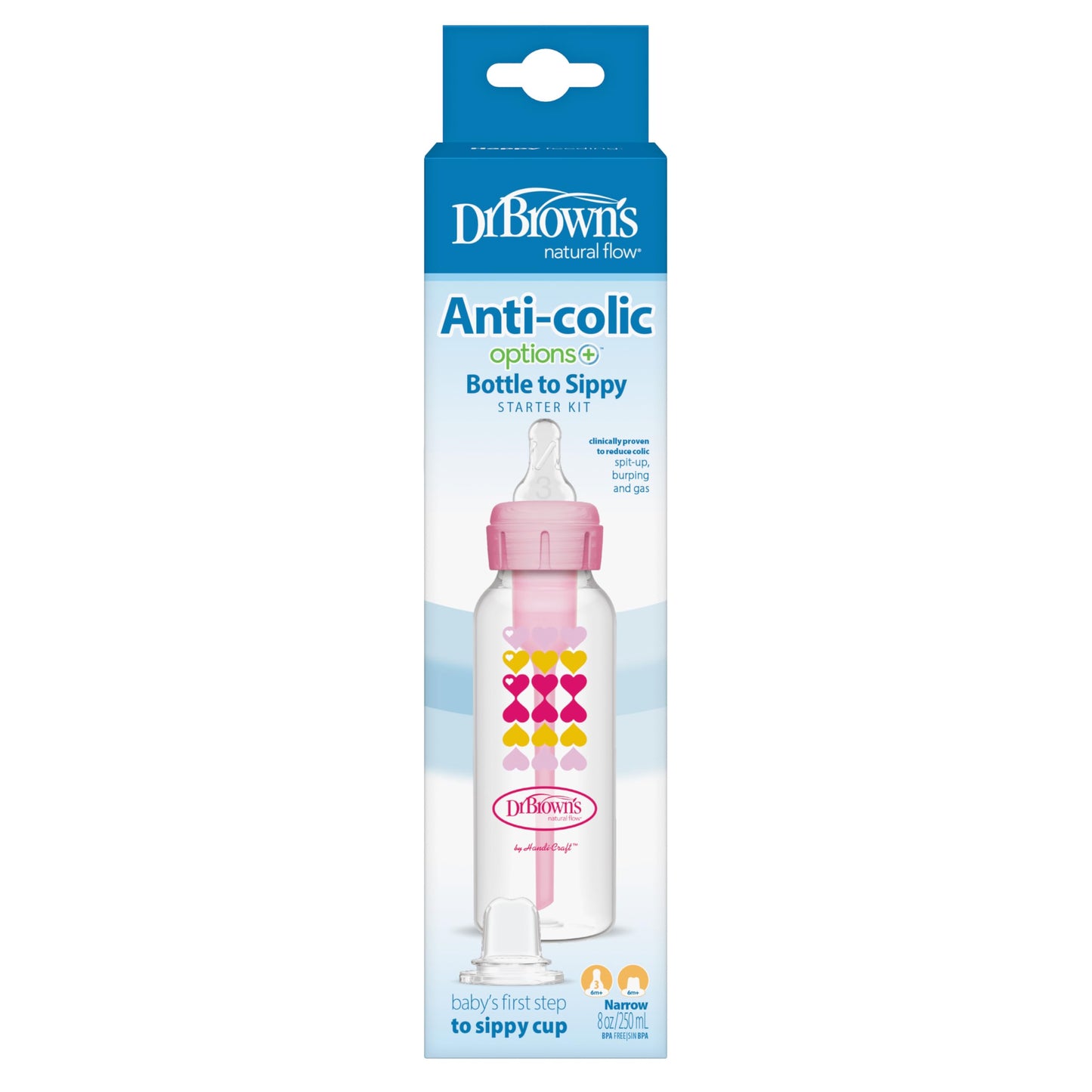 Dr. Brown'S Anti-Colic Options+ Narrow Sippy Bottle Starter Kit, 8Oz/250Ml, With Level 3 Medium-Fast Flow Nipple And Soft 100% S