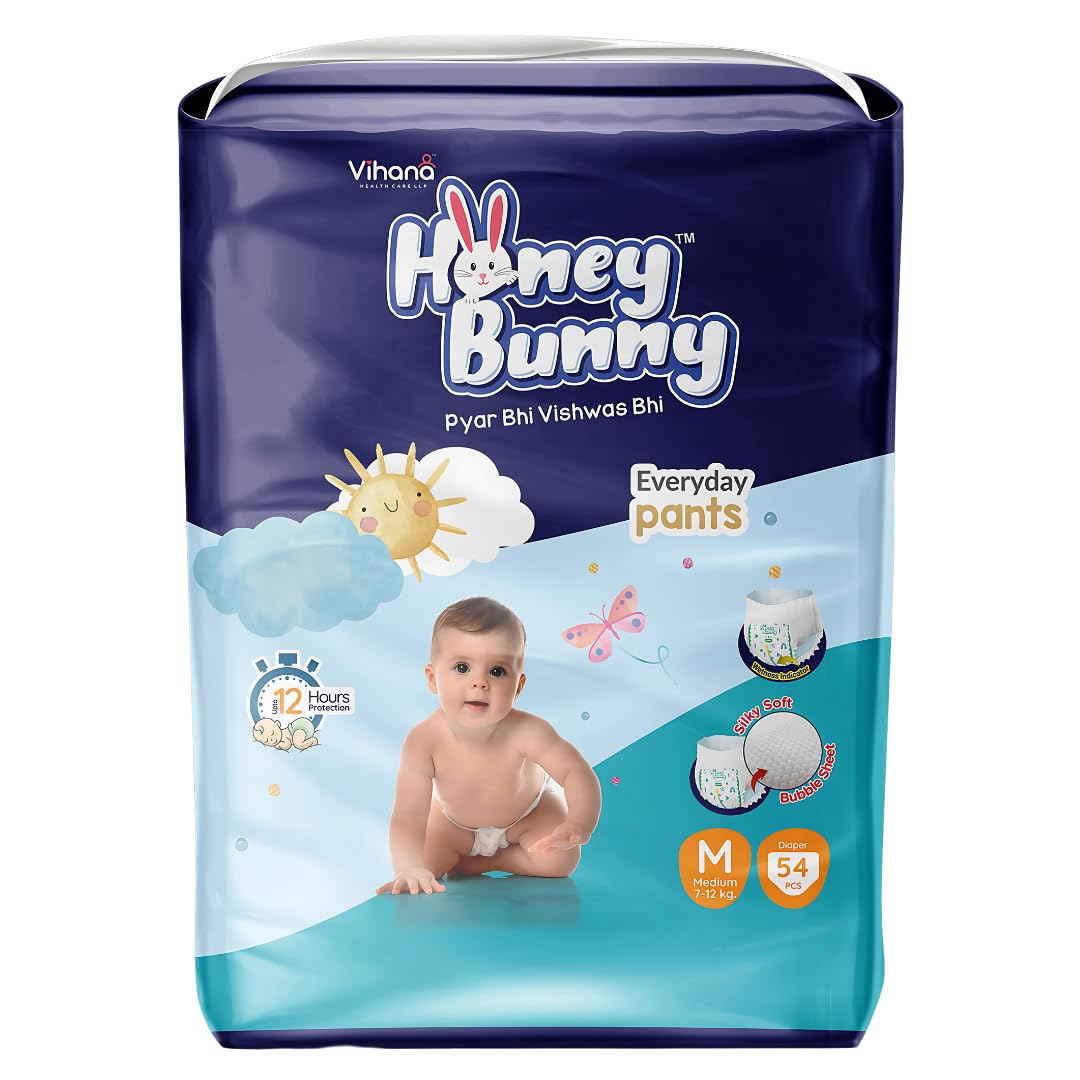 Honey Bunny Everyday Baby Diapers Pants | Extra Large (Xl), 56 Count, 1217 Kg | Silky Soft On Skin | 12 Hours Protection Baby D