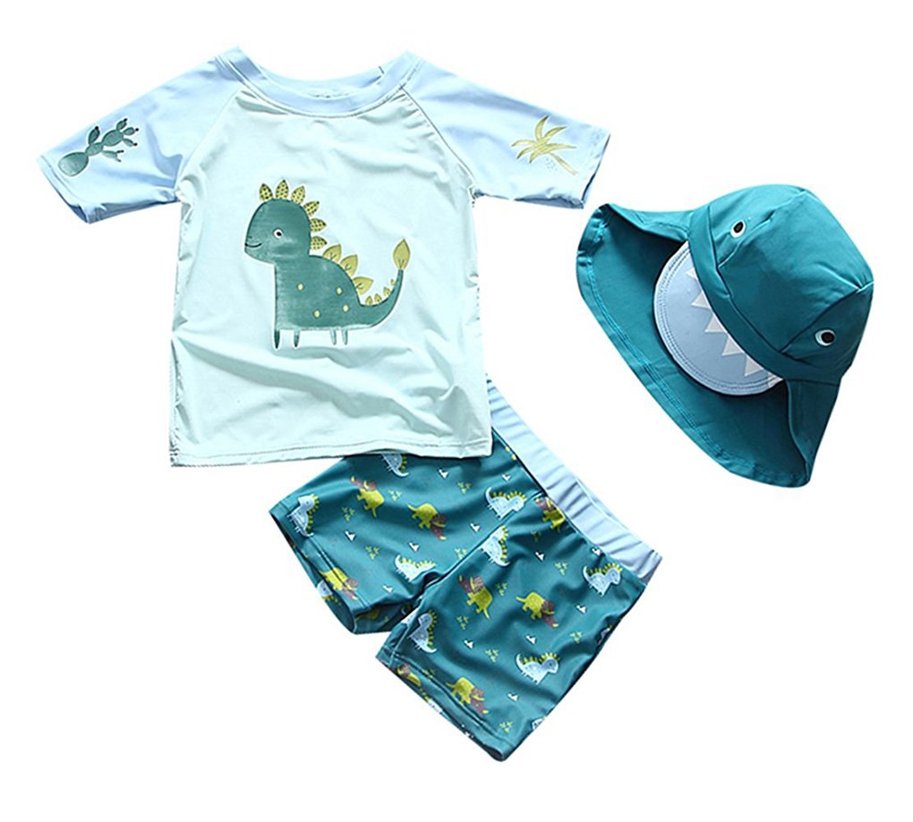 Baby Toddler Boys Two Pieces Swimsuit Set Swimwear Dinosaur Bathing Suit Rash Guards With Hat Upf 50+ (Navy, 9-18 Months(Height: