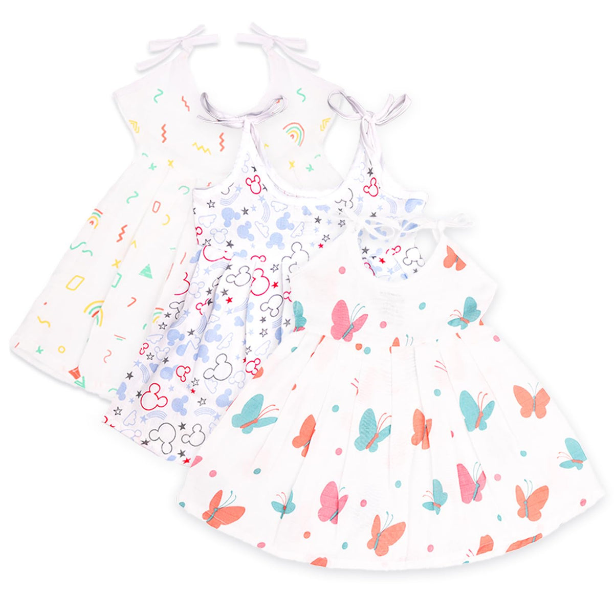 Kidbea Extra Soft Muslin Fabric Baby Girls Frock | Rainbow, Mickey And Butterfly Print With Size 69 Months | Pack Of 3
