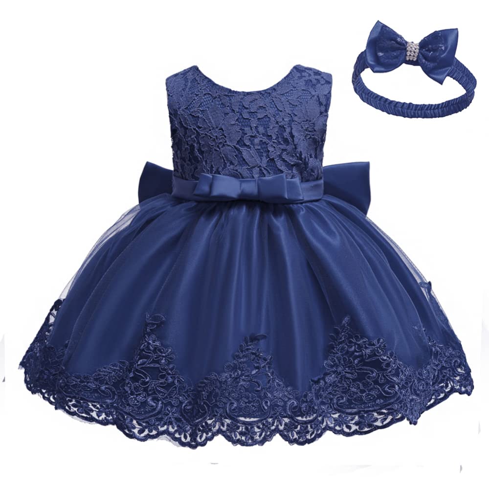 Baby Girls Christmas Pageant Lace Dresses Infant Easter Halloween Wedding Formal Event Dress (Navy Blue,24M)