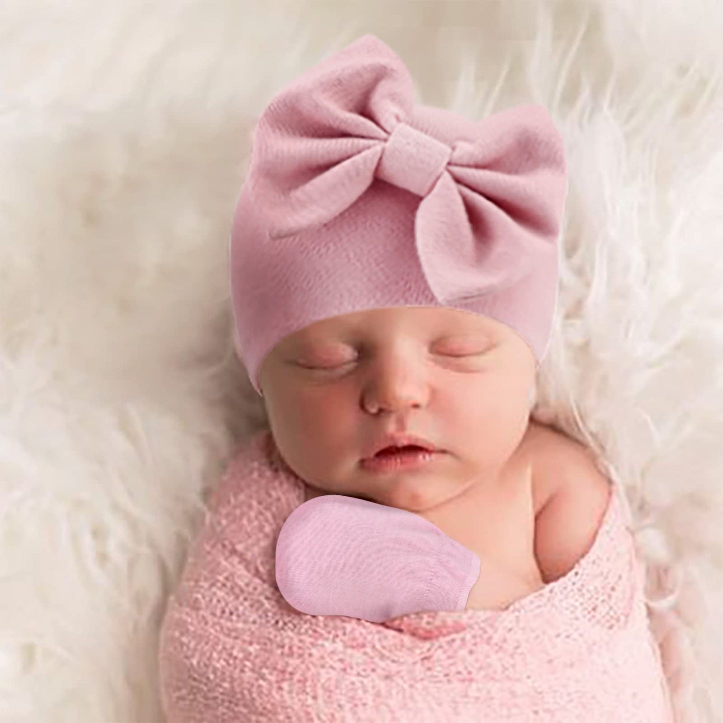 Bqubo Newborn Baby Hospital Bow Hats Beanie Infant Caps Baby Cotton No Scratch Mittens Set For 0-6 Months