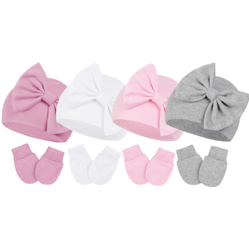 Century Star Newborn Girls Hats Baby Hat And Mitten Set Big Bow Knit Infant Headbands Winter Baby Hat For Girls G White & Pink &