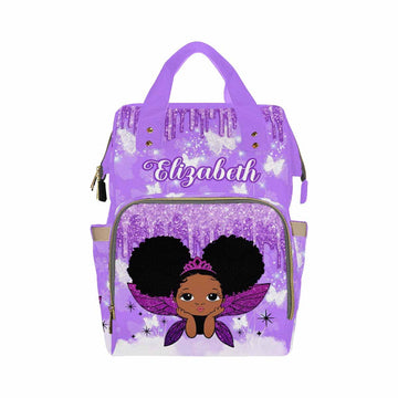 Artsadd Custom Baby Bag Large Nappy Bag For Mom, Purple Glitter Handbags Personalized Name Diaper Backpack With Stroller Straps