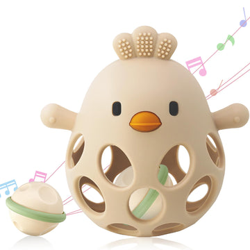 2-in-1 Baby Teething Toy, Easy Grasp Rattle & Teether Toy for Babies Over 3 Months, 100% Food Grade Silicone, 6-12 Month Baby Te