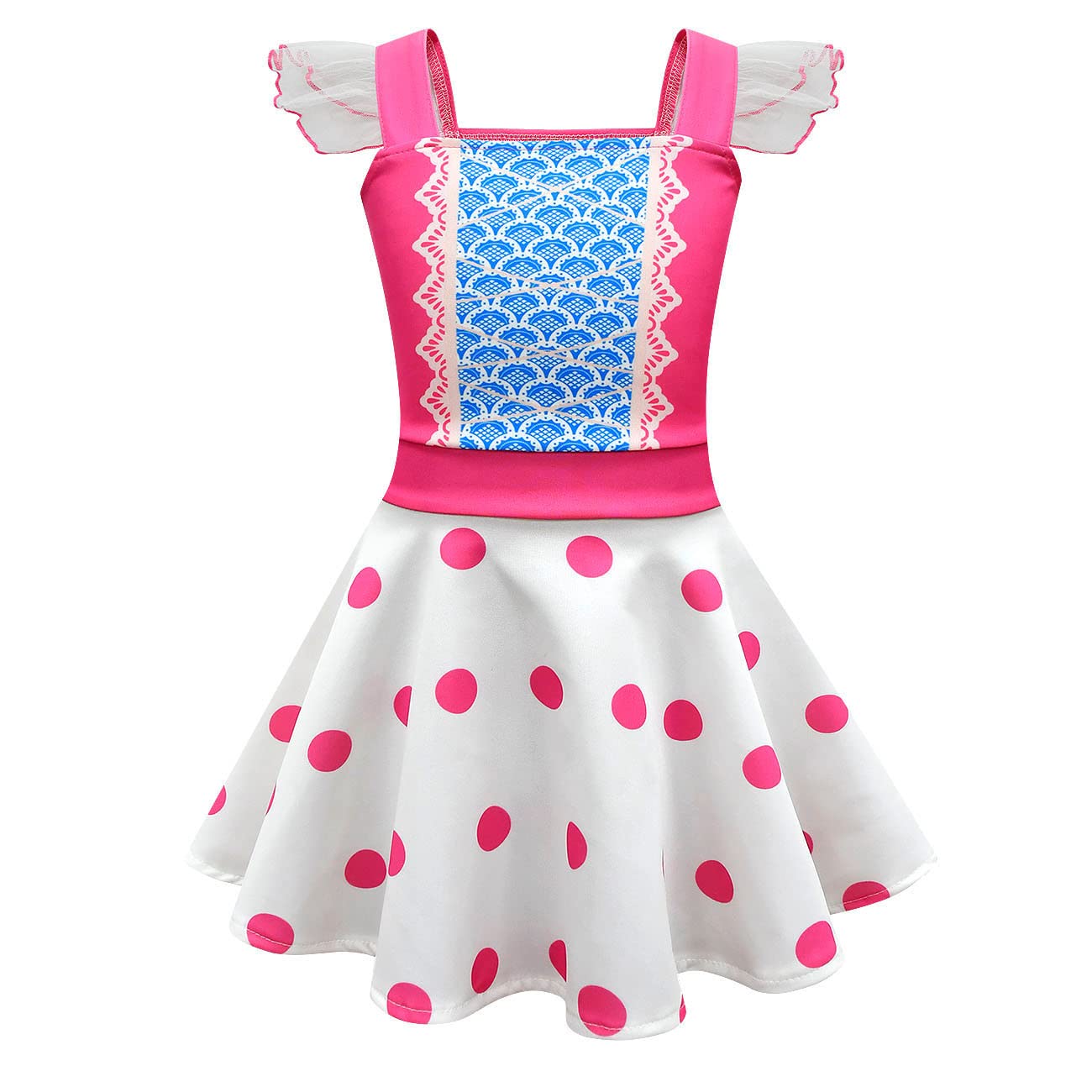 Garperkids Girls Bo Peep Costume For Kids Flutter Sleeve Princess Polka Dot Dress Summer Square Neck Flounce Hem Casual Dress Pa