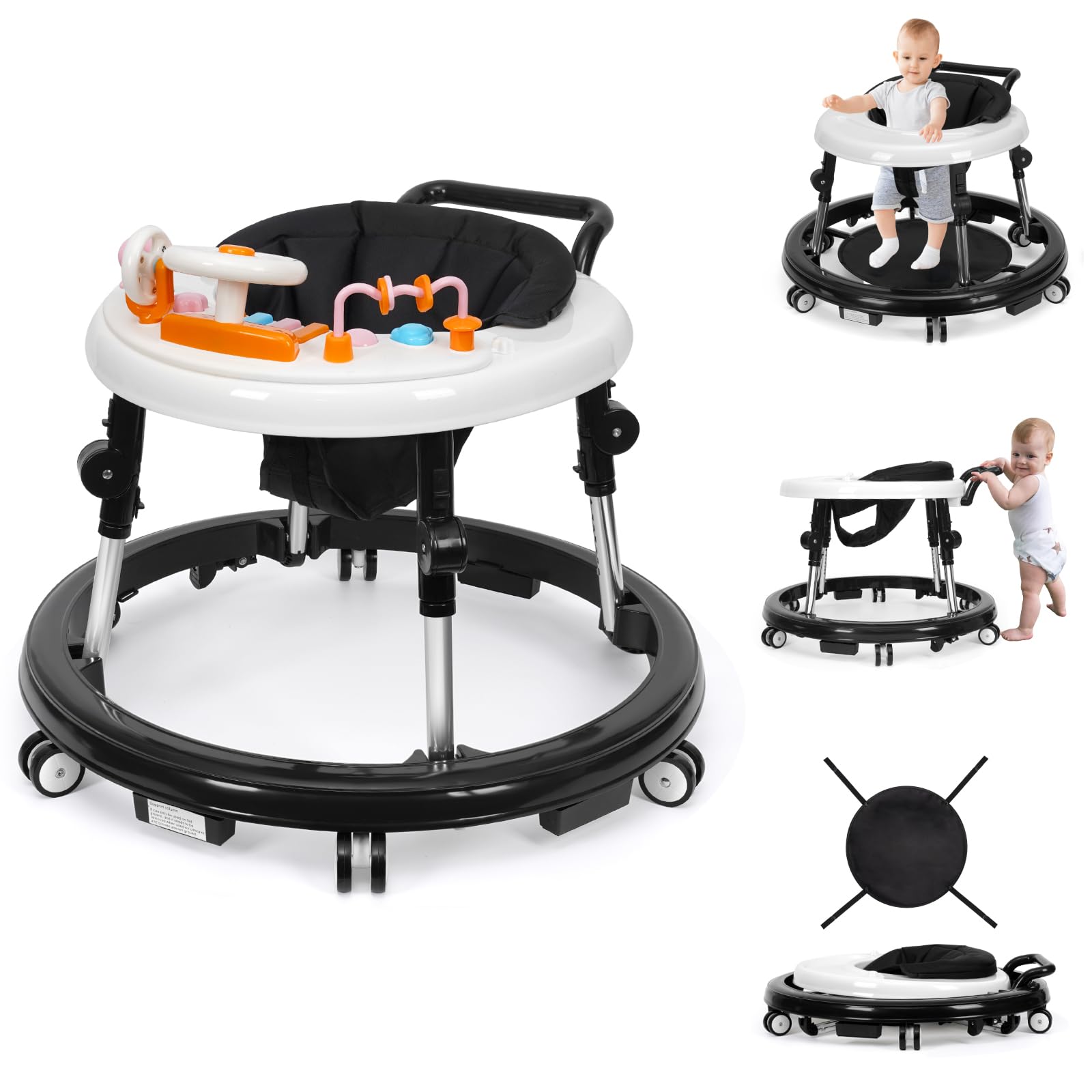 HolyBase Music and Lights Baby Walker Foldable with 9 Adjustable Heights, Baby Walker with Wheels Portable, Infant Toddler Walke