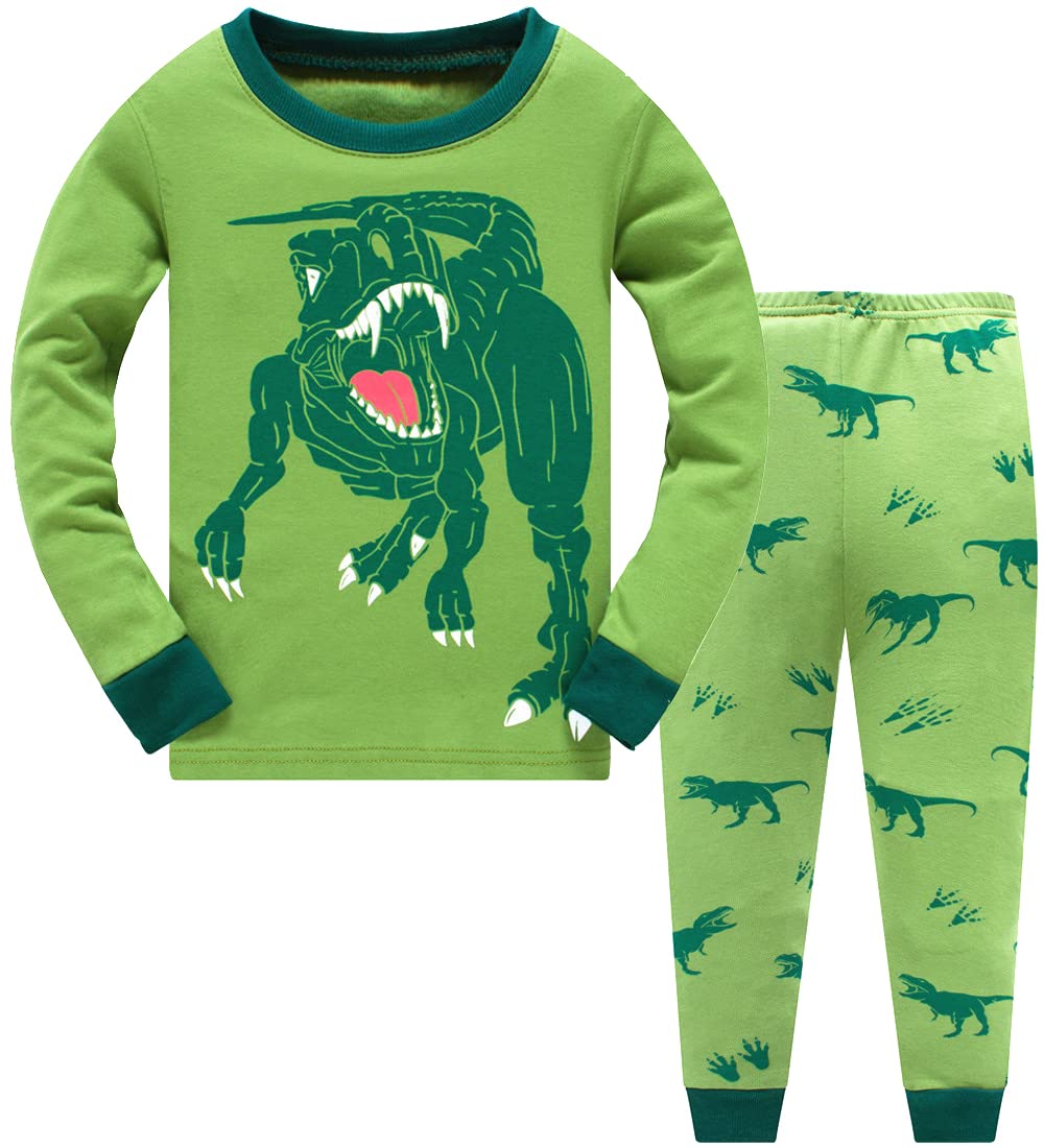 Popshion Boys Dinosaur Pajamas Set 100% Cotton T-Rex Pjs Toddler Long Sleeve Sleepwear Kids Clothes Set Green Dino Shirt 10T