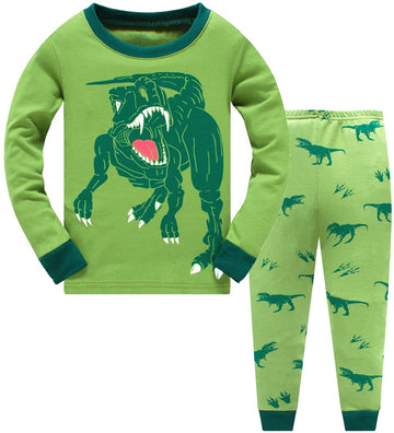 Popshion Boys Dinosaur Pajamas Set 100% Cotton T-Rex Pjs Toddler Long Sleeve Sleepwear Kids Clothes Set Green Dino Shirt 3T