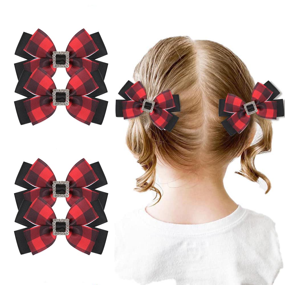 Christmas Rhinestone Plaid Hair Bows for Toddler Kids Girls, 4inch Christmas Bowknot Hairpin Plaid Lattice Bow Clip Accessories 