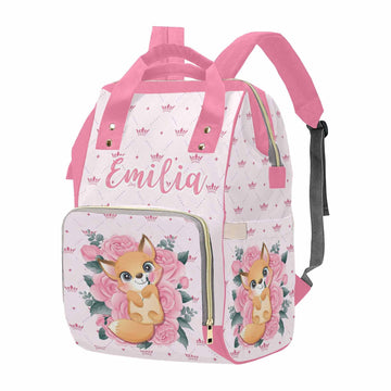 M Yescustom Customized Pink Crown Diaper Bag With Name Christmas Gift For Mom, Custom Cute Fox On Pink Roses Mommy Nursing Daypa