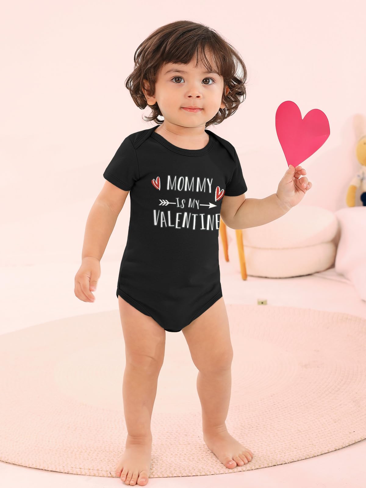 Besserbay Valentine'S Day Baby Short Sleeve Heart Bodysuit Infant Mommy Is My Valentine Envelope Neck Black Onesie 3-6 Months