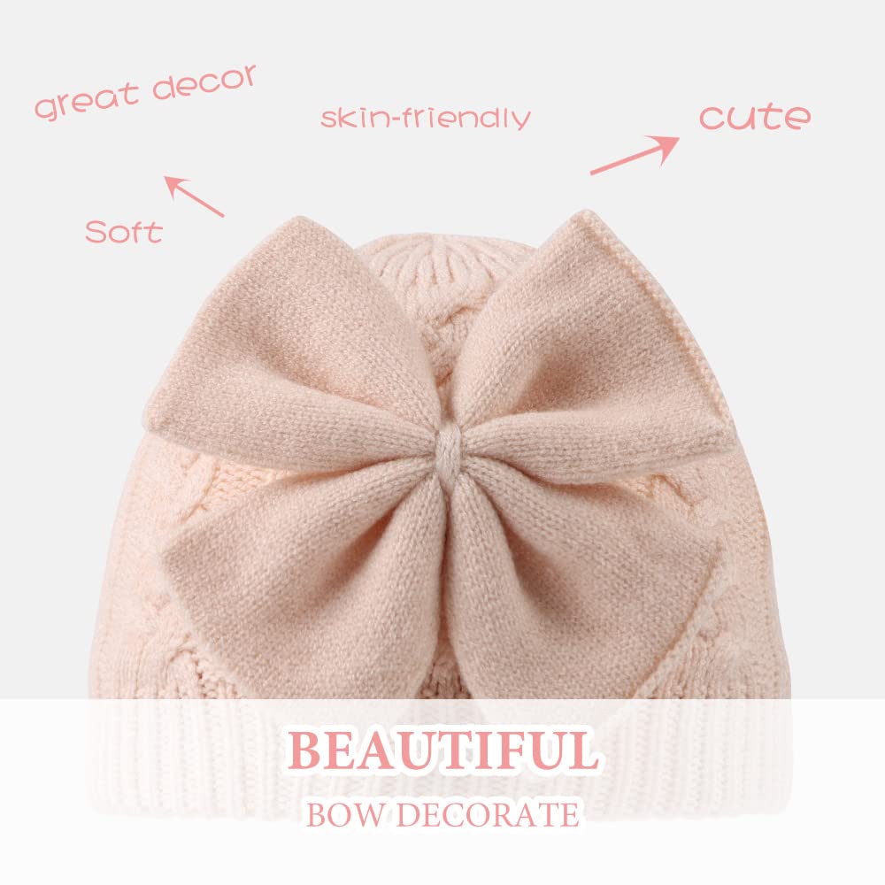 Winter Warm Knitted Baby Hat For Girls Cotton Lined Infant Toddler Girls Hat Autumn Cute Bow Classic Girls Beanie 0-6Y (Pink+Bei