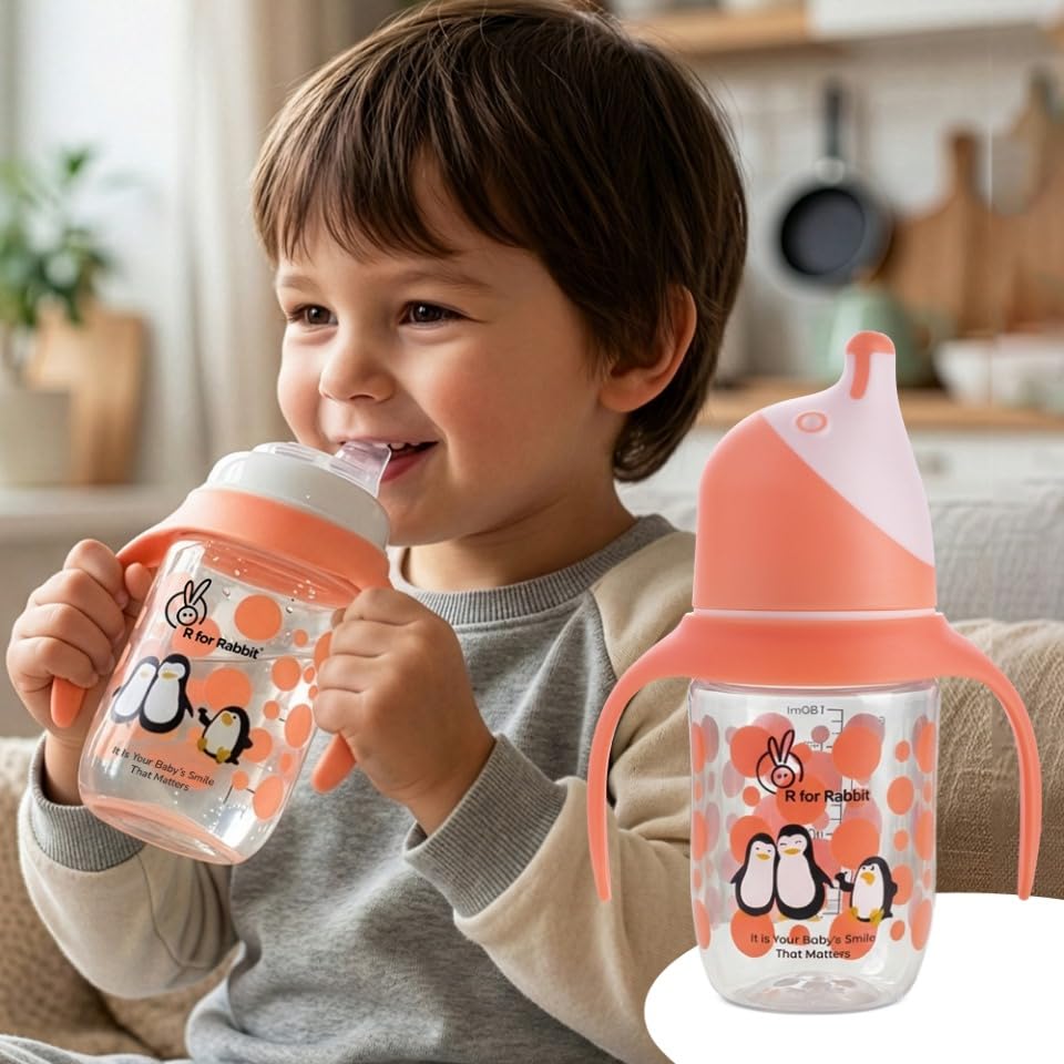 R For Rabbit Penguin Spout Sipper Cup 180 Ml Bottle, Pp Spout Sipper For Kids Age Of 1 + Year  Orange