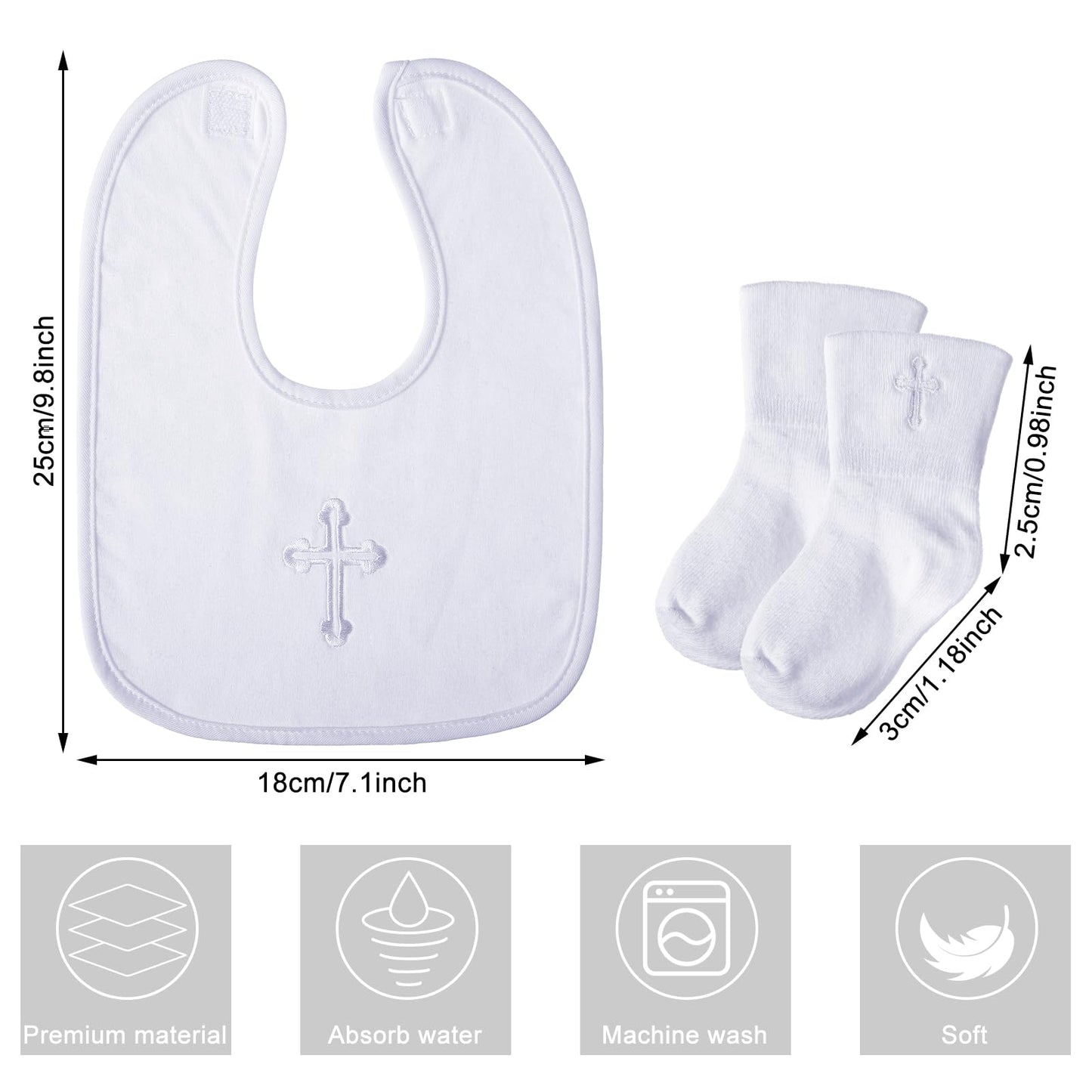 Jiuguva 4 Pcs Baptism Bibs And Socks Set Christening Bib For Baby White Embroidered Cross Baptism Outfit For Boy Girl (6-12Month