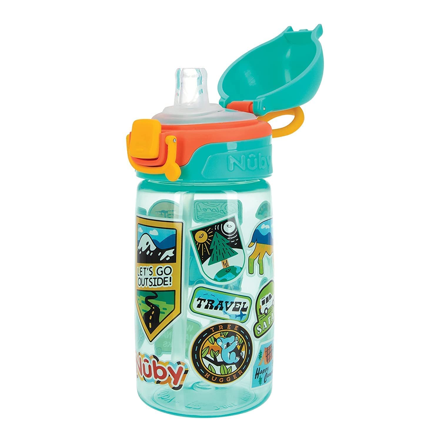 Nuby Kids Spill Proof Push Button And Travel Sticker Water Bottle With Soft Silicone Spout: 18+ Months, 14Oz / 420Ml