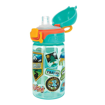 Nuby Kids Spill Proof Push Button And Travel Sticker Water Bottle With Soft Silicone Spout: 18+ Months, 14Oz / 420Ml