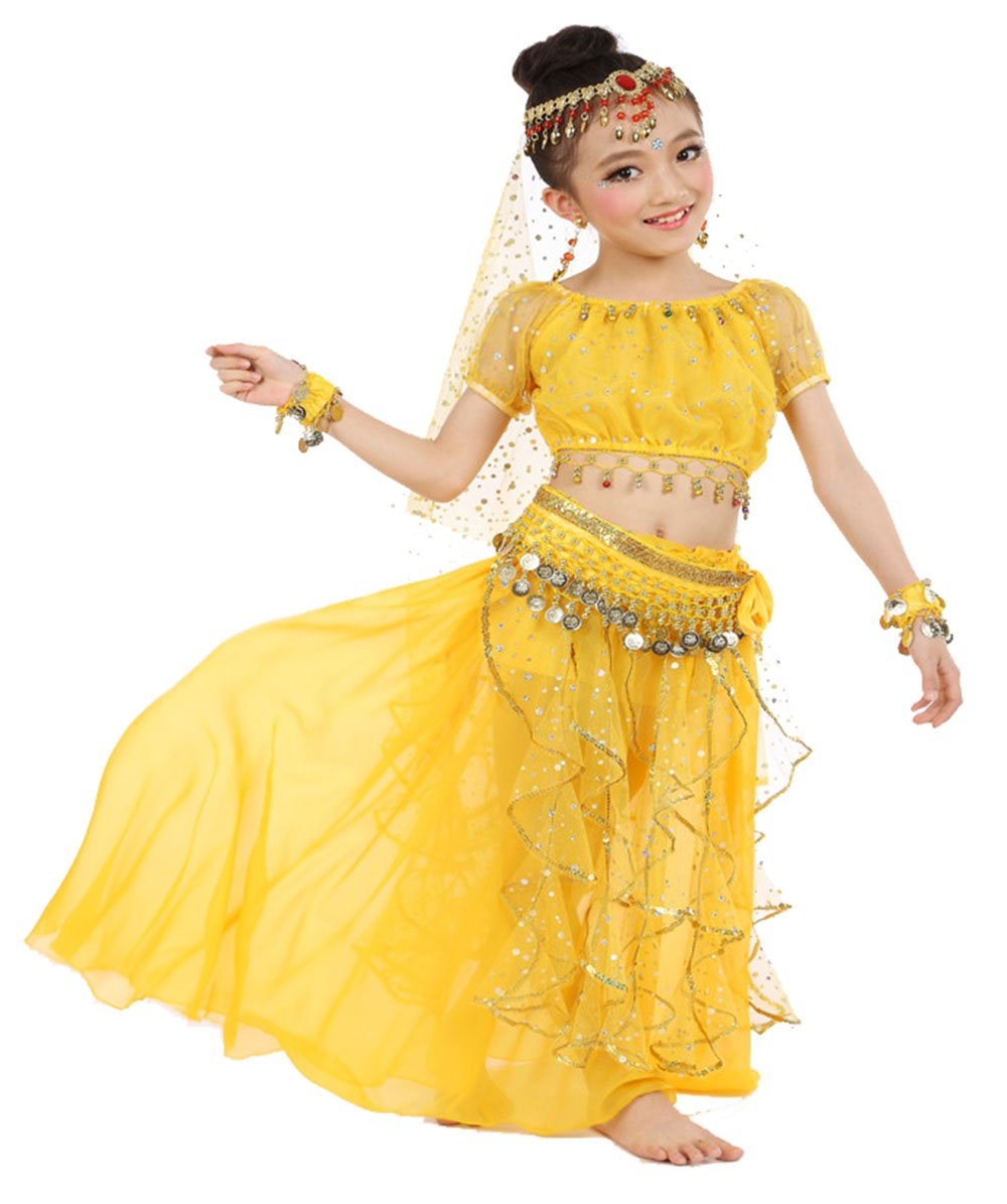 Girls Belly Dance Top Skirt Set Halloween Costume With Head Veil,Waist Chain(Yellow,S)