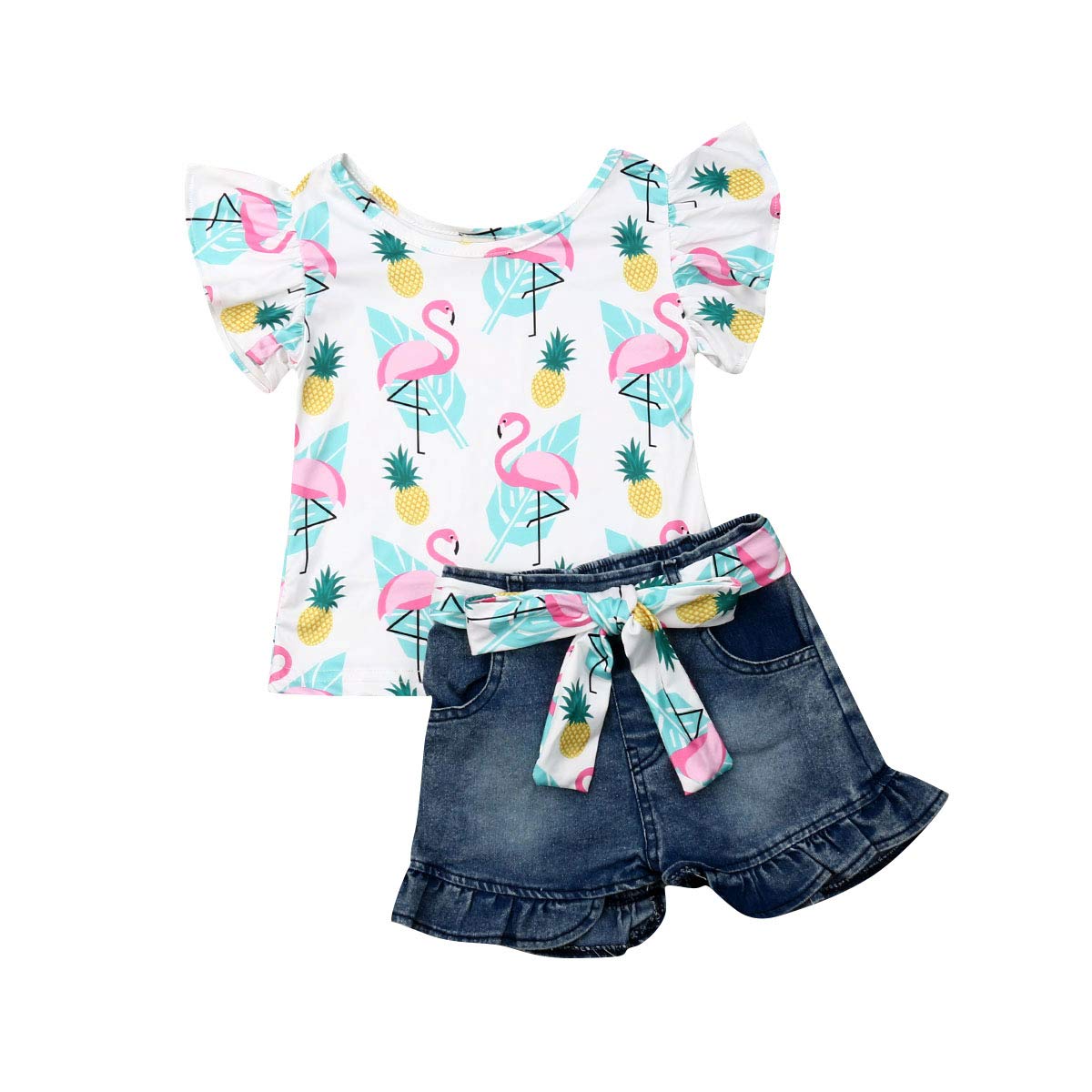 2Pcs/Set Fashion Toddler Kids Baby Girl Boy Summer Outfits Sleeveless Tassel T-Shirt Top+Floral Shorts Clothes Set 6M-5T (Flamin