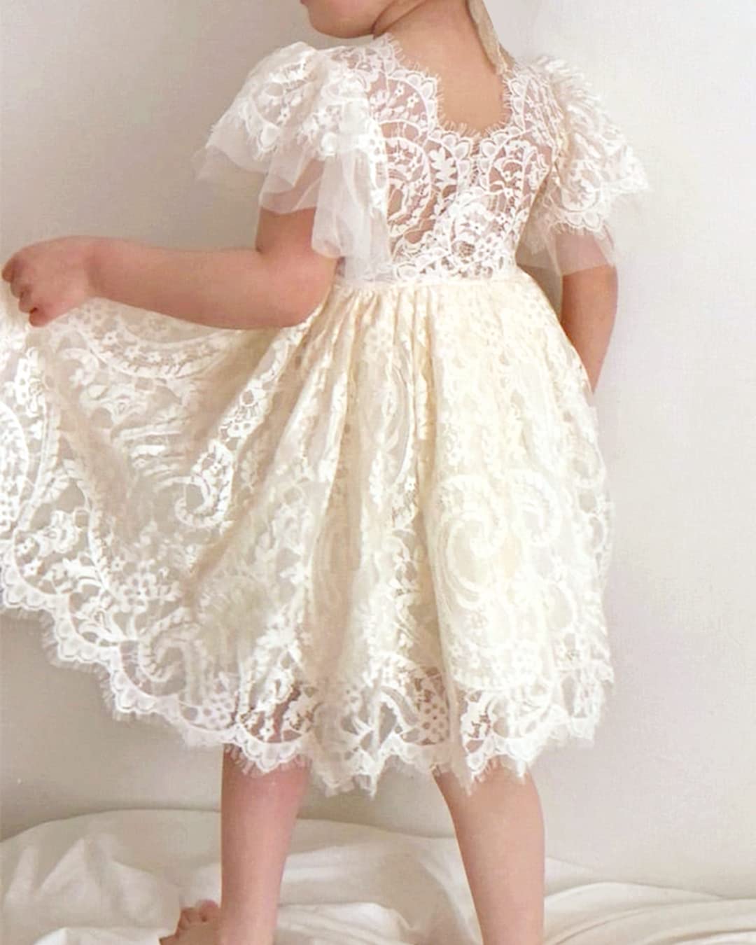 2Bunnies Girl Paisley Lace Back A-Line Tutu Tulle Party Flower Girl Dress (All Lace Flutter Sleeve Knee-Ivory, 7/8)