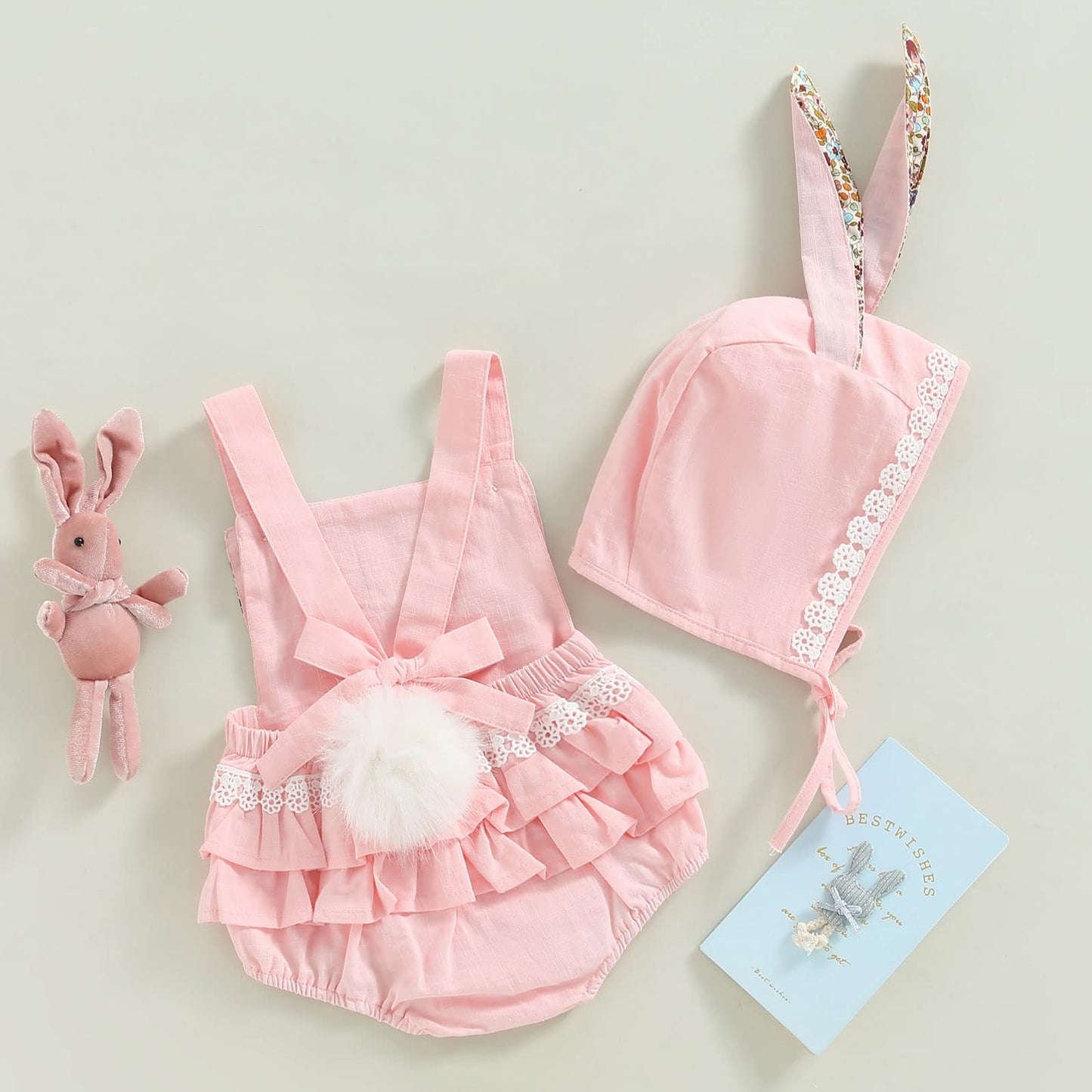 Baby Girl Easter Outfit Vintage Onesie Overalls And Bunny Ears/Toddler Dress Sister Mathing Clothes With Tail (Onesie Bunny Pink