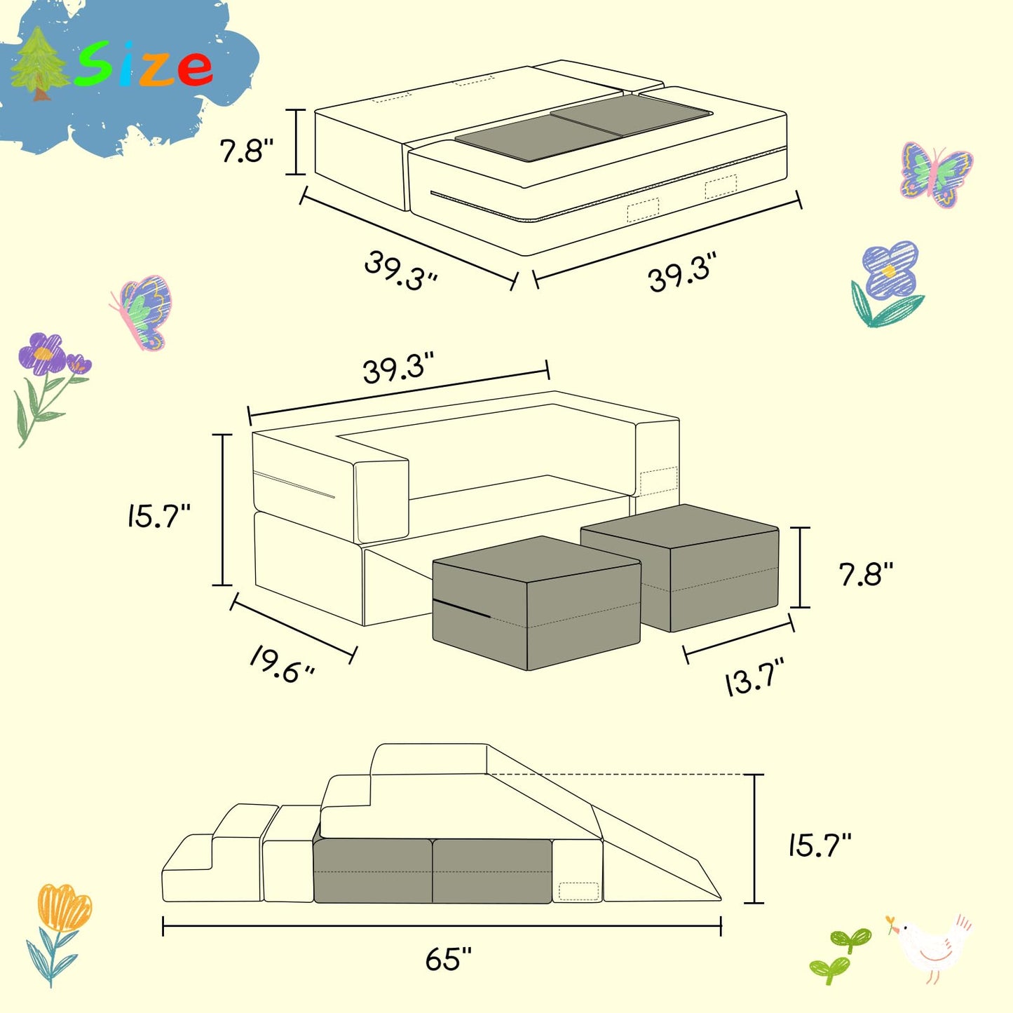Moozhealth Modular Kids Couch,Toddlers Convertible Climbing Play Couch Sofa And Imaginative Furniture Foldable Floor Cushion Wit