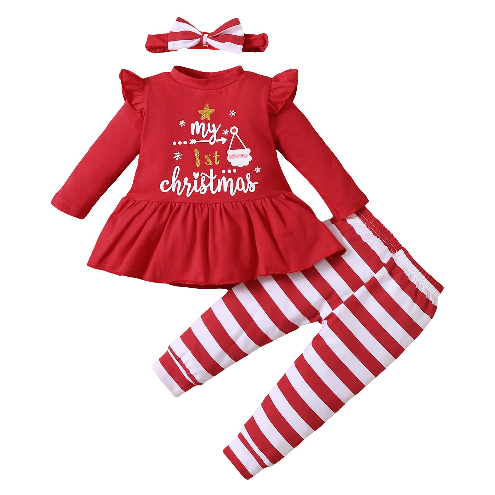 Ptomurs Newborn Baby Girls My 1St Christmas Outfits Santa Print Ruffle Sleeve Dress Shirt Tops + Stripe Pants +Headbands Set(Red