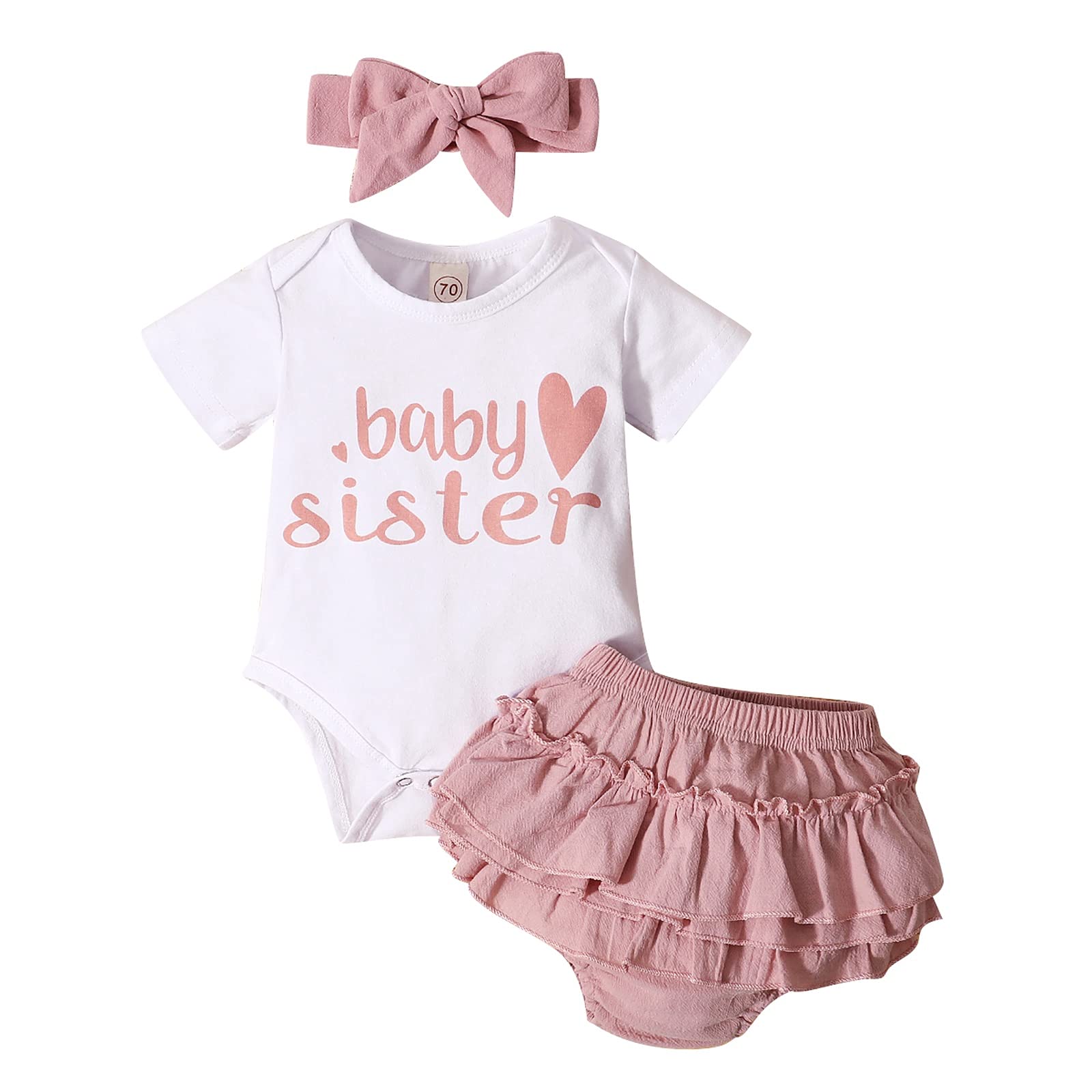 Dimoybabe Baby Girl Clothes Stuff Newborn Infant Summer Cute Outfit Cotton Ruffle Short Sleeve Romper + Solid Printed Pants + He
