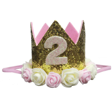 Golden Swallow 2Nd Birthday Crown Baby Girl Flower Tiara Headband Party Hat Hairband
