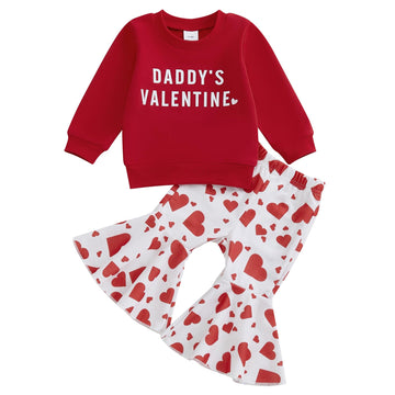 Iddolaka Toddler Baby Girls Valentines Day Outfits Long Sleeve Letter Sweatshirt Shirt Heart Flared Pants Spring Clothes (E-Red,
