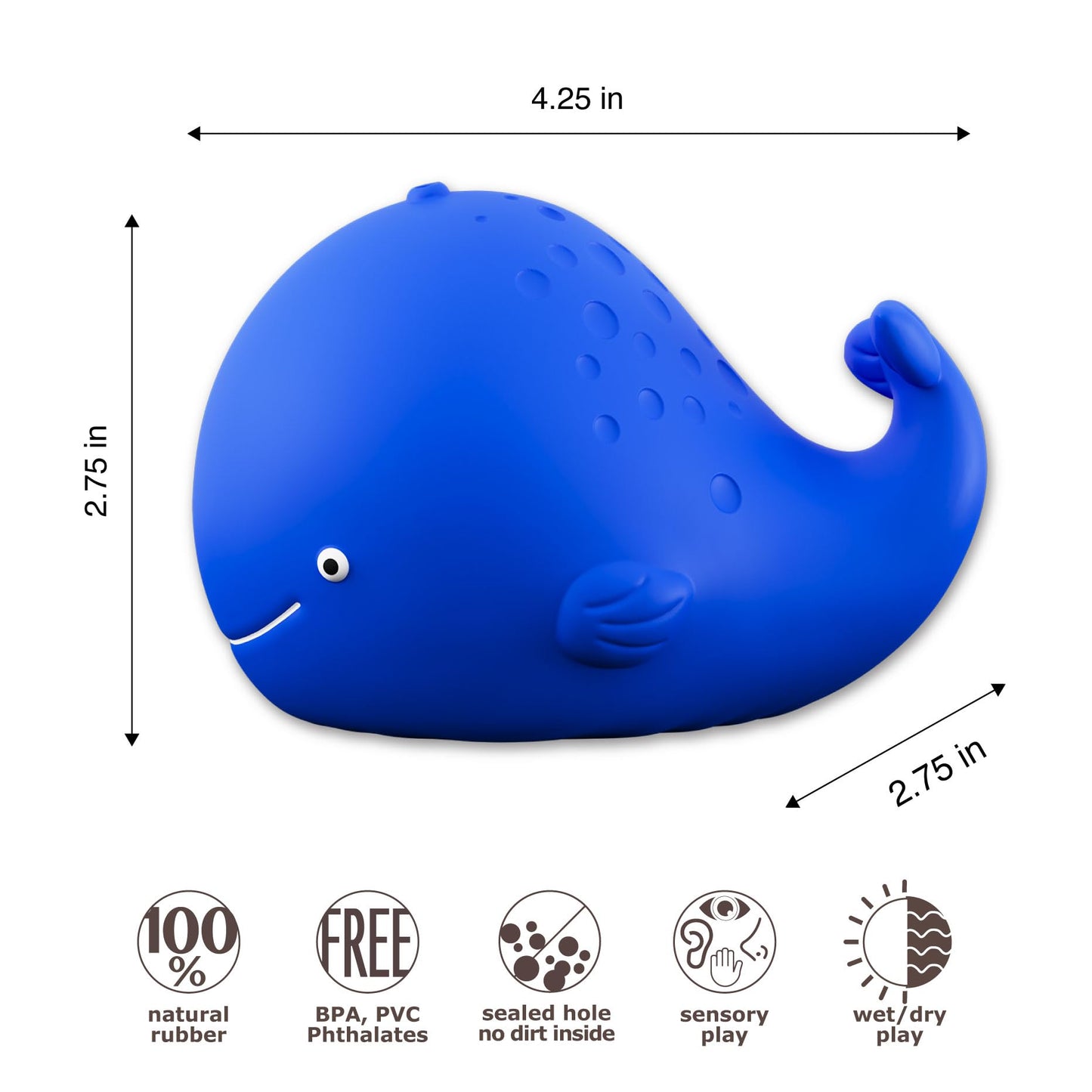 caaocho Pure Natural Rubber Bath Toy - Kala The Whale Baby Toy - Hole Free Bath Toys, BPA Free Bath Toys for Infants, without Ho