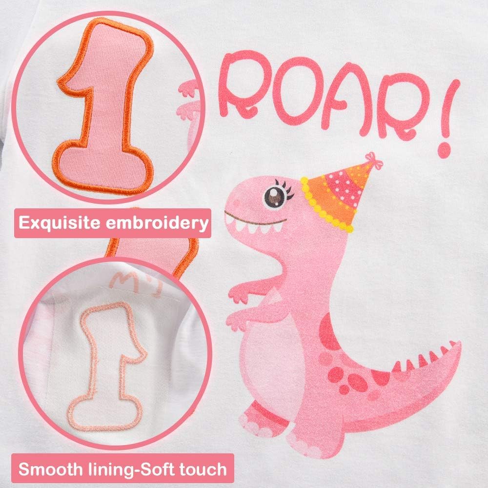1St Birthday Girl T-Shirt Dinosaur Party B-Day Themed Tee Gift For Baby Dino First Birthday T Shirt Cotton Short Sleeve T-Rex Pr