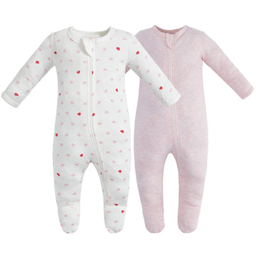 Owlivia Organic Cotton Baby Pajamas, Boys Girls 2 Pack Zip Front Sleep N Play, Footed Sleeper, Long Sleeve(6-12Months, Pink Mela