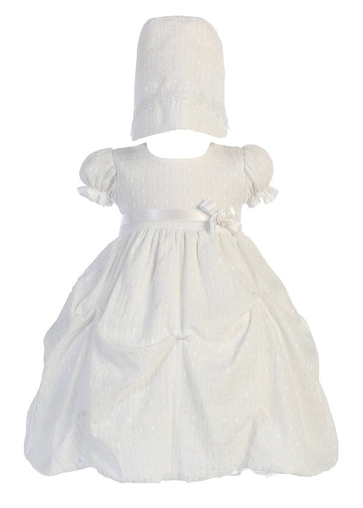 Swea Pea & Lilli Baby Girl White Poly Cotton Jacquard Gathered Christening Dress With Bonnet S