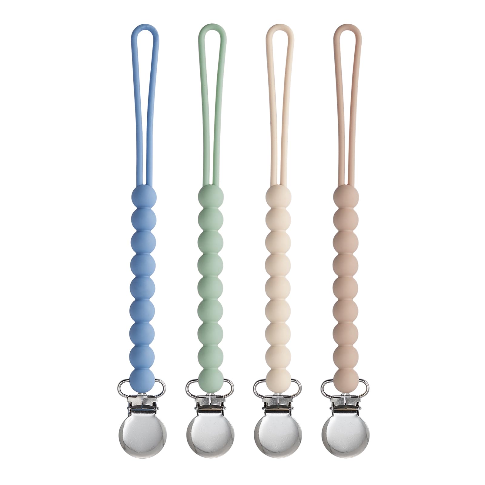 Pacifier Clip for Boys Girls - MORIBOX 4 Pack Paci Clip Soothie Baby Binky Holder for Shower Gift Birthday (Beige+Dbeige+Blue+Sa