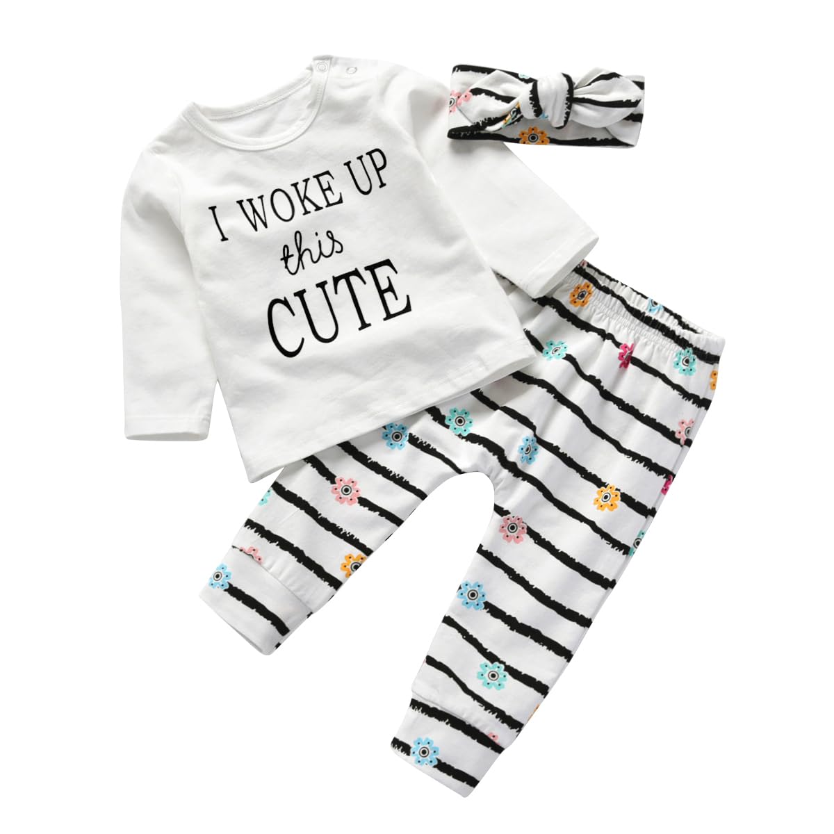 Kukitty 3Pcs Baby Girl Outfits Set I Woke Up This Cute Long Sleeve T-Shirt Tops Flowers Pants With Headband (12-18 Months)
