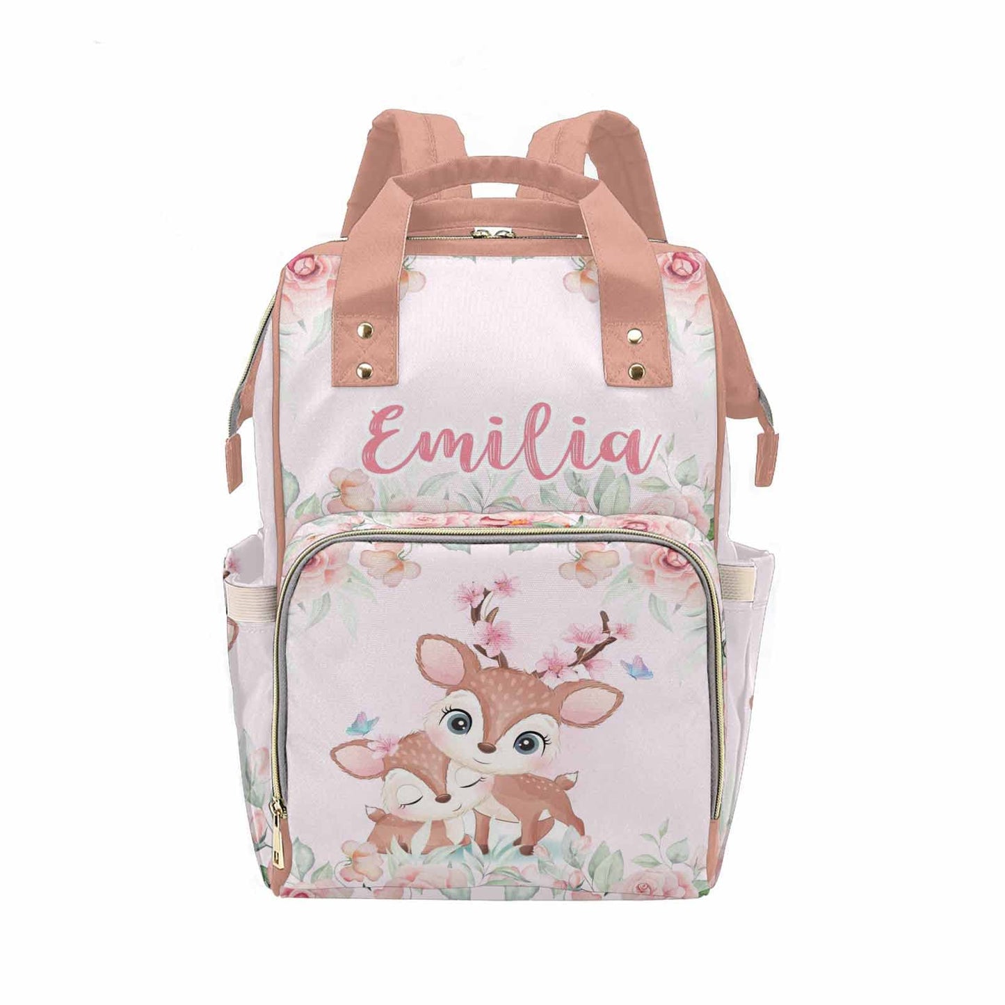 M Yescustom Customized Cute Deer Diaper Bag With Name, Personalized Pink Floral Waterproof Mommy Nursing Nappy Backpack With Lar