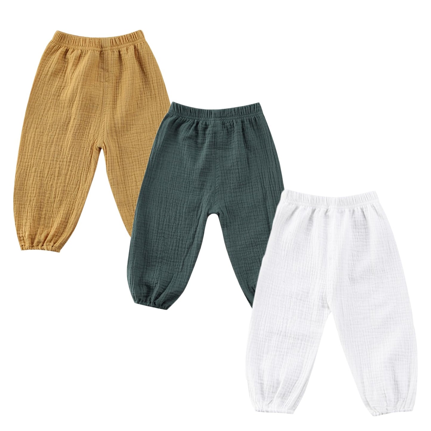 Toddler Baby Boys Girls 3 Pack Cotton Linen Bloomers Pants Solid Color Basic Plain Baby Clothes Joggers(E-Yellow Green White,3-4
